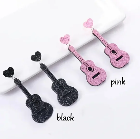 Pink Glitter Acrylic Guitar Earrings - Picture 2 of 4
